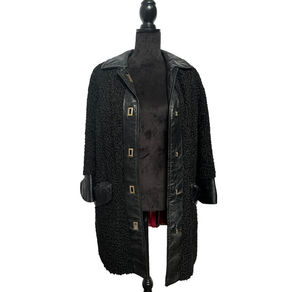 Vintage Carl Herrmann Black Persian Lamb Fur Coat Leather Trim M/L Mod Swing 60s - Picture 1 of 16